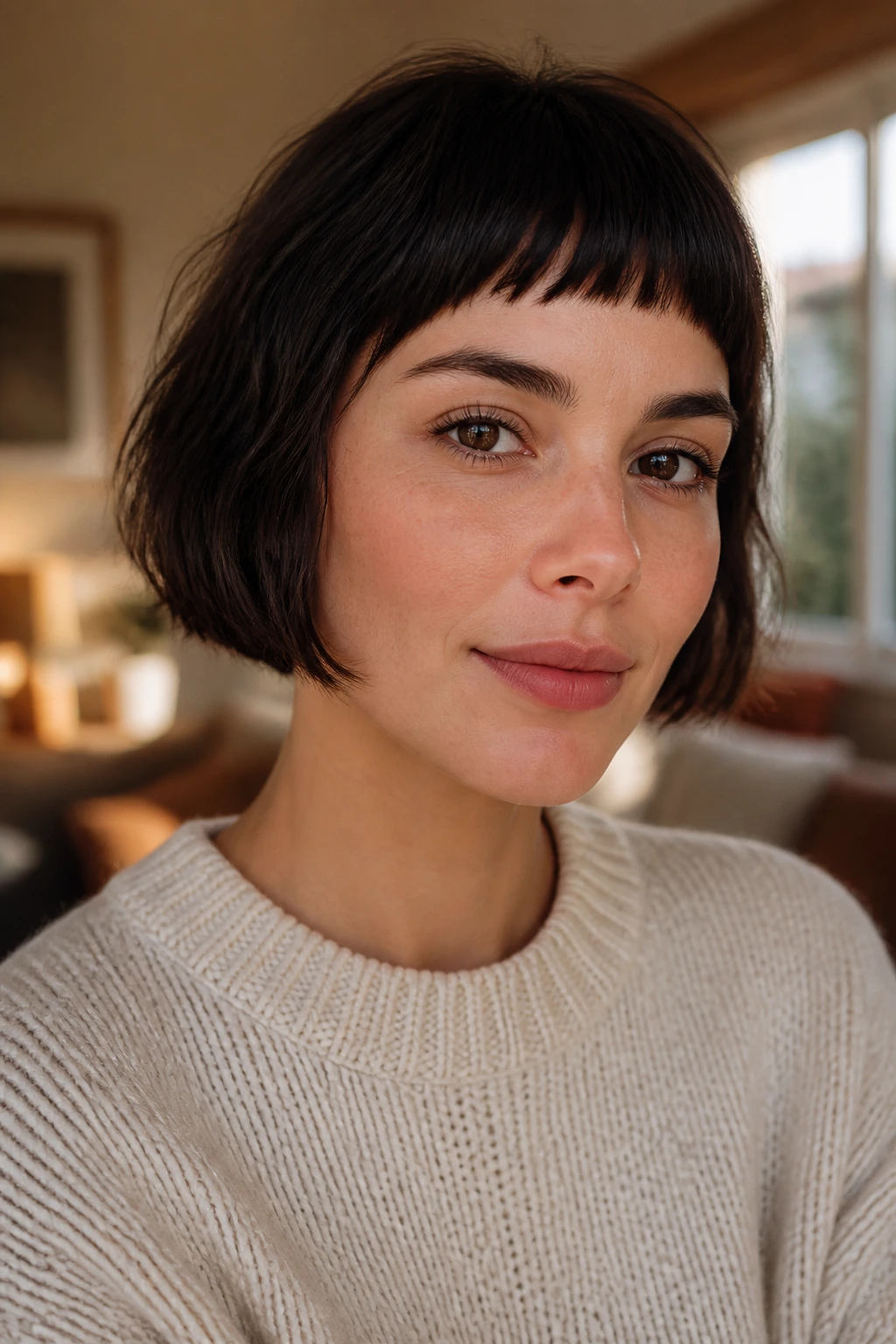Close-up of a real woman with a French bob and micro fringe in a warm living room