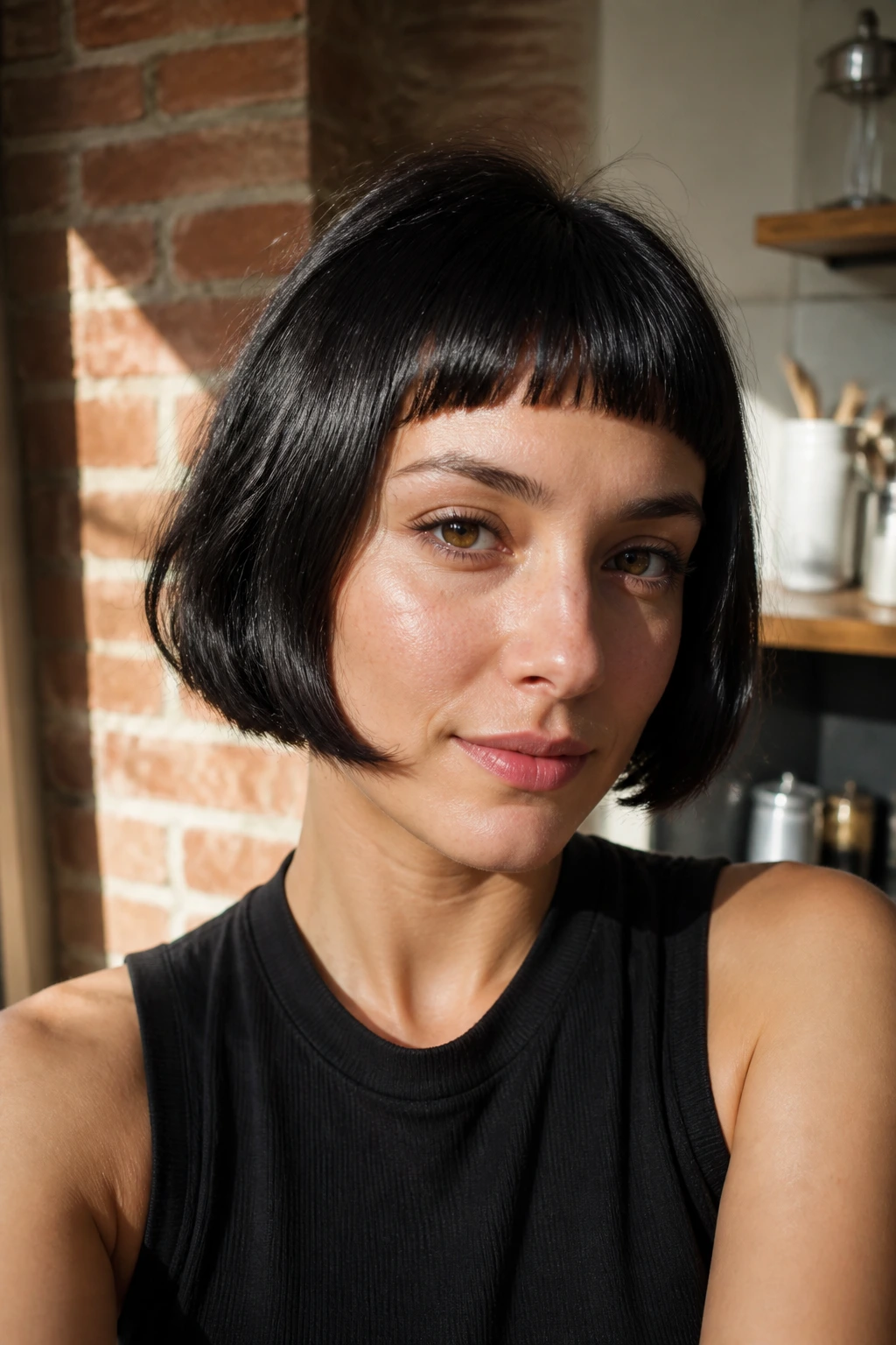 Close-up of a real woman with a French bob and micro fringe in a sunlit kitchen