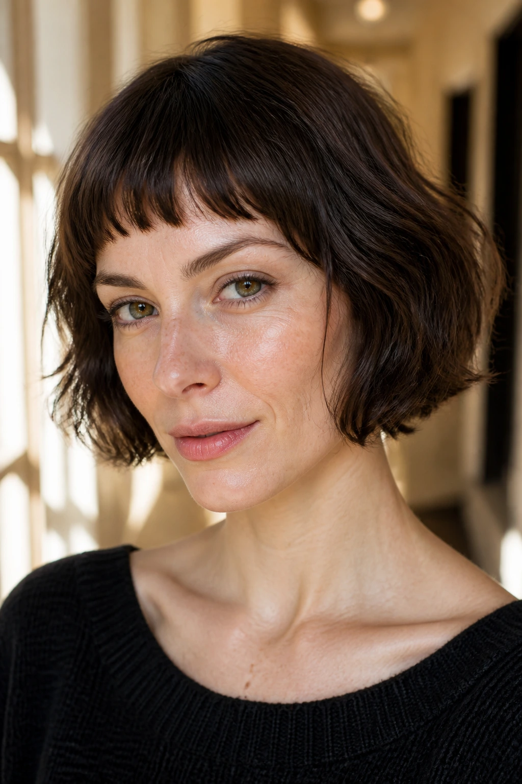 Real woman wearing French bob with micro fringe in sunlit hallway