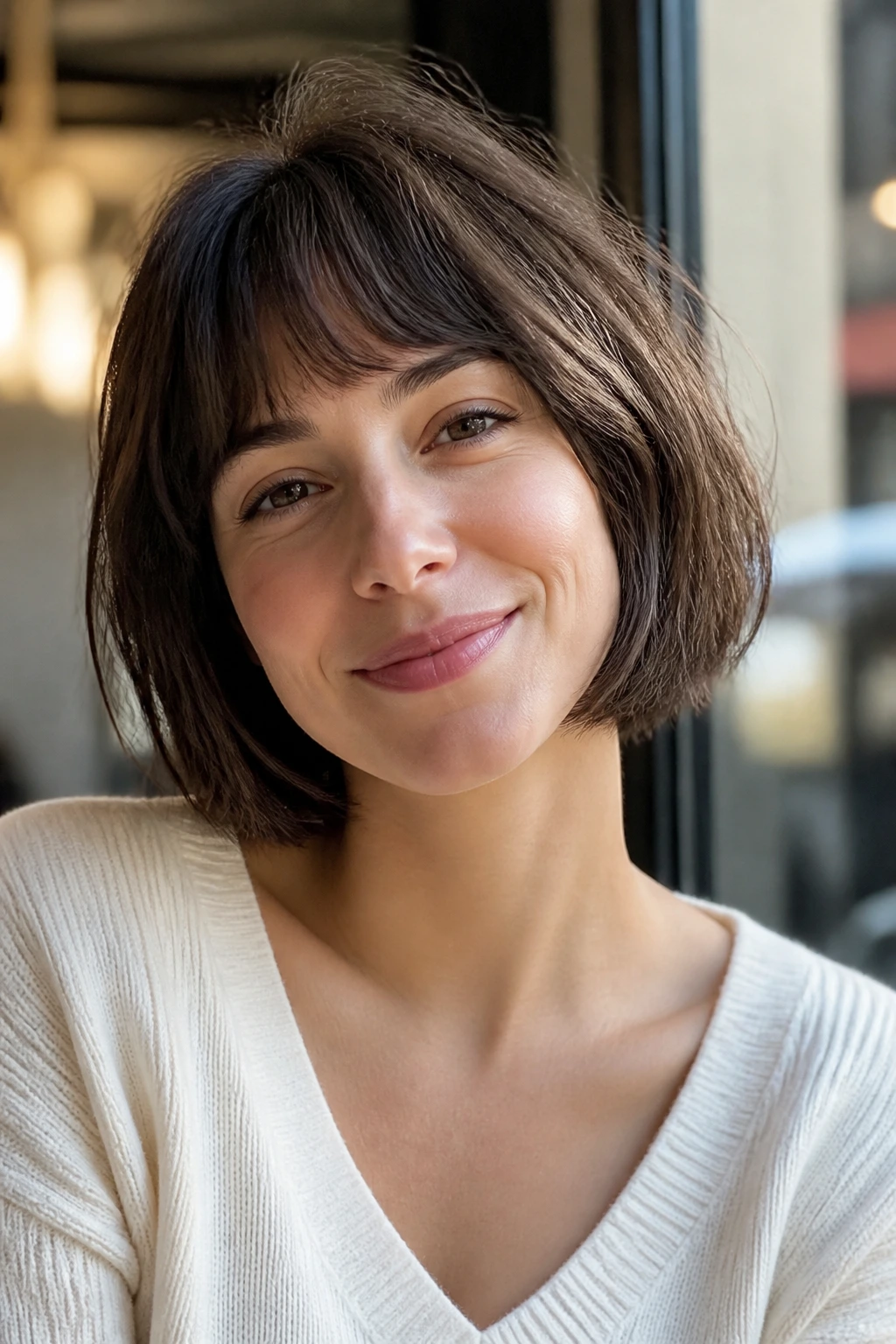 Real woman with French bob and airy micro-layers