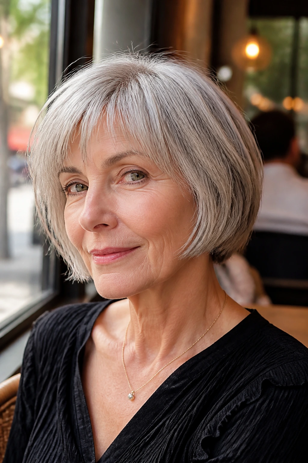 Real woman with French bob and micro layers