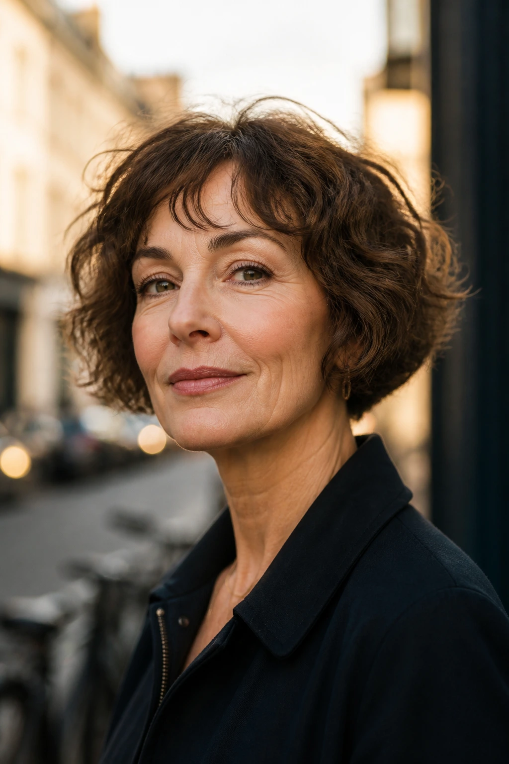 French bob with soft piecey ends portrait in urban setting