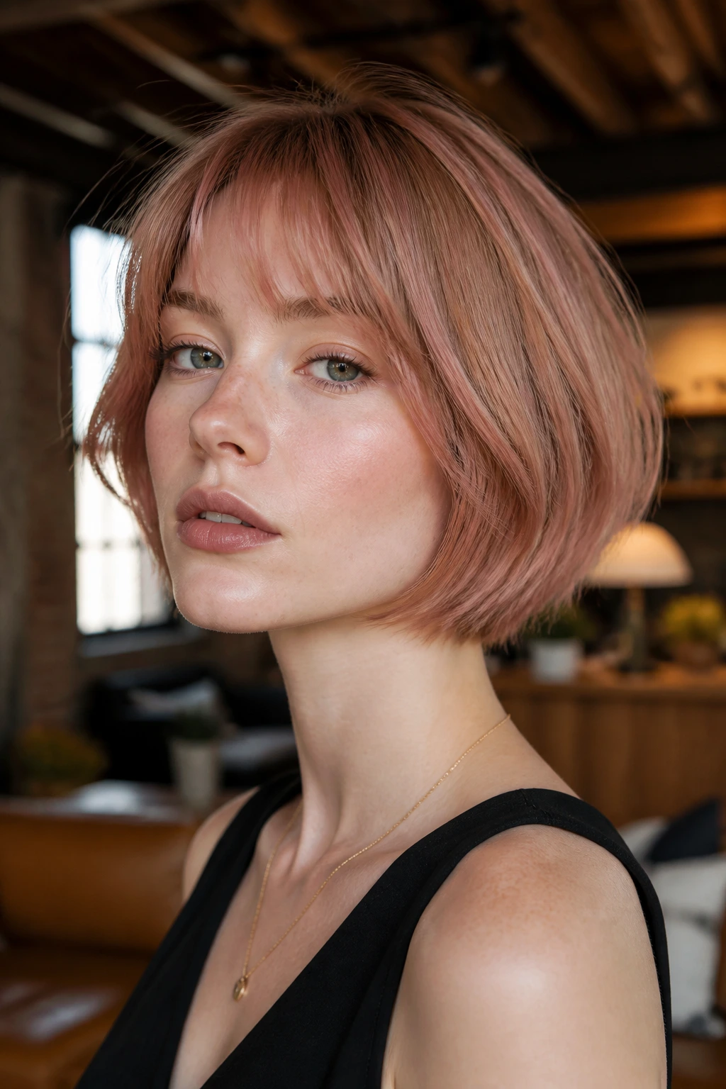 Close-up portrait of a real woman with French bob pink undertone glaze on pale skin