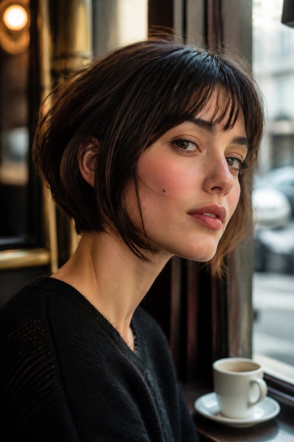 Portrait of a woman with a forward-angled French bob in a cafe setting.