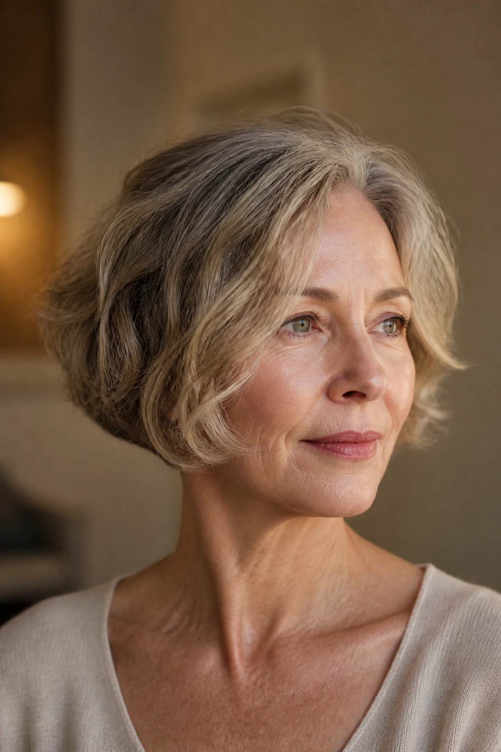 Close-up of a real woman with chin-length French bob and tucked nape in warm indoor light