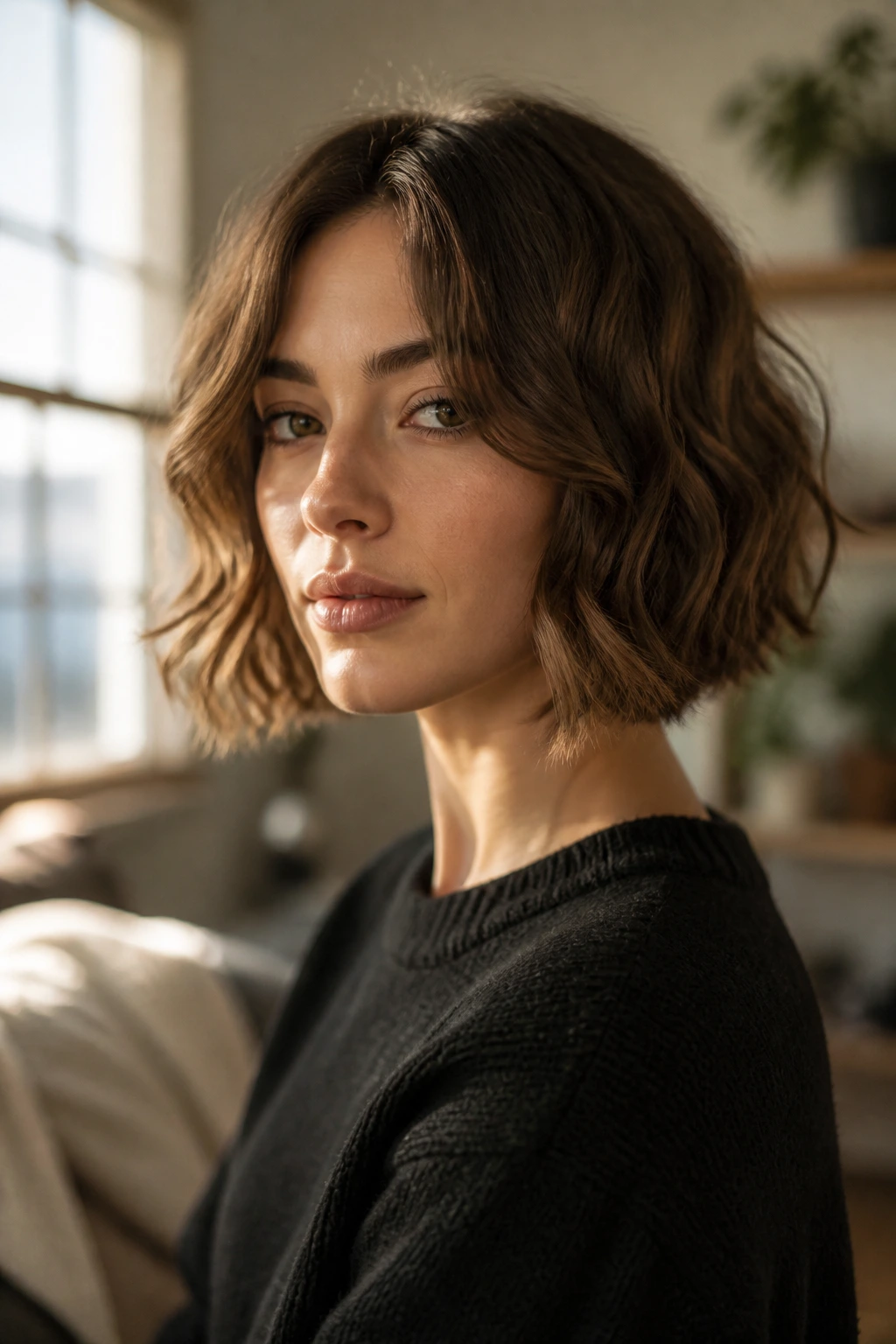 Close-up portrait of a real woman with a wavy French bob, showing natural wave and soft jaw-framing.