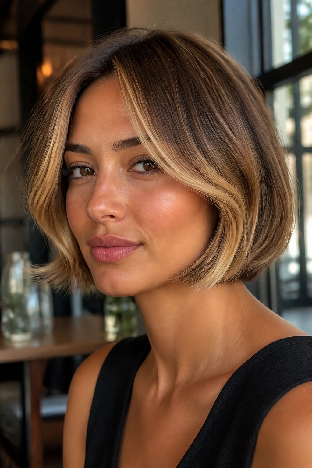 Real woman with chin-length French bob and buttery ribbons of warm blonde.