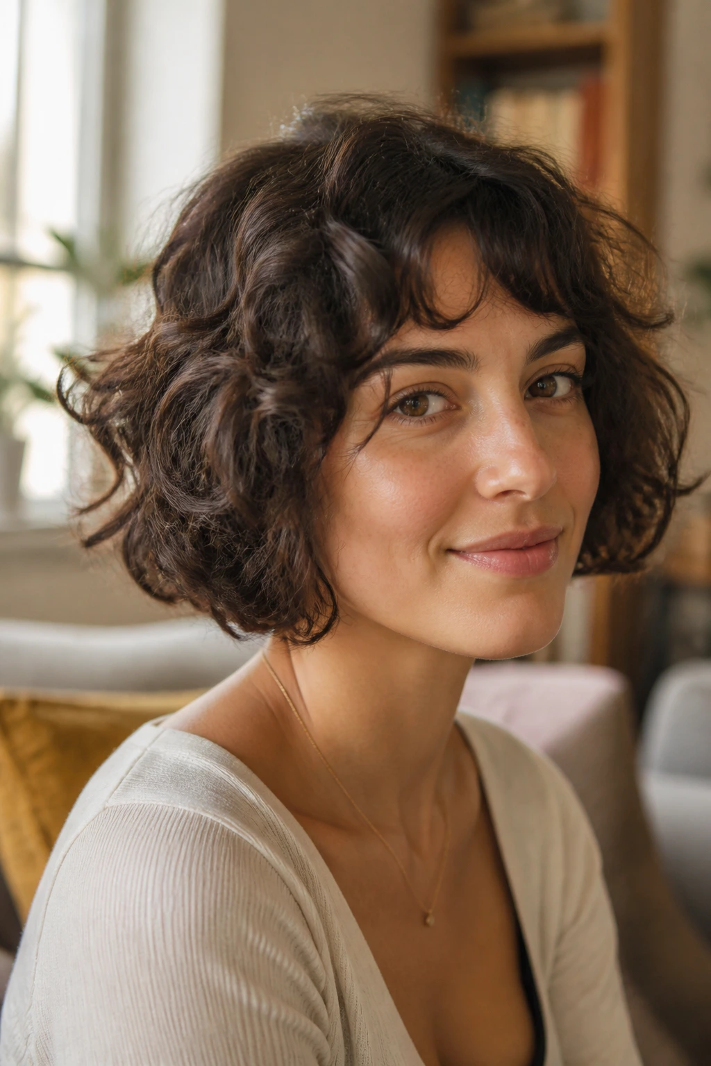 Close-up of a real woman with a jaw-length French bob showing face-framing curls.