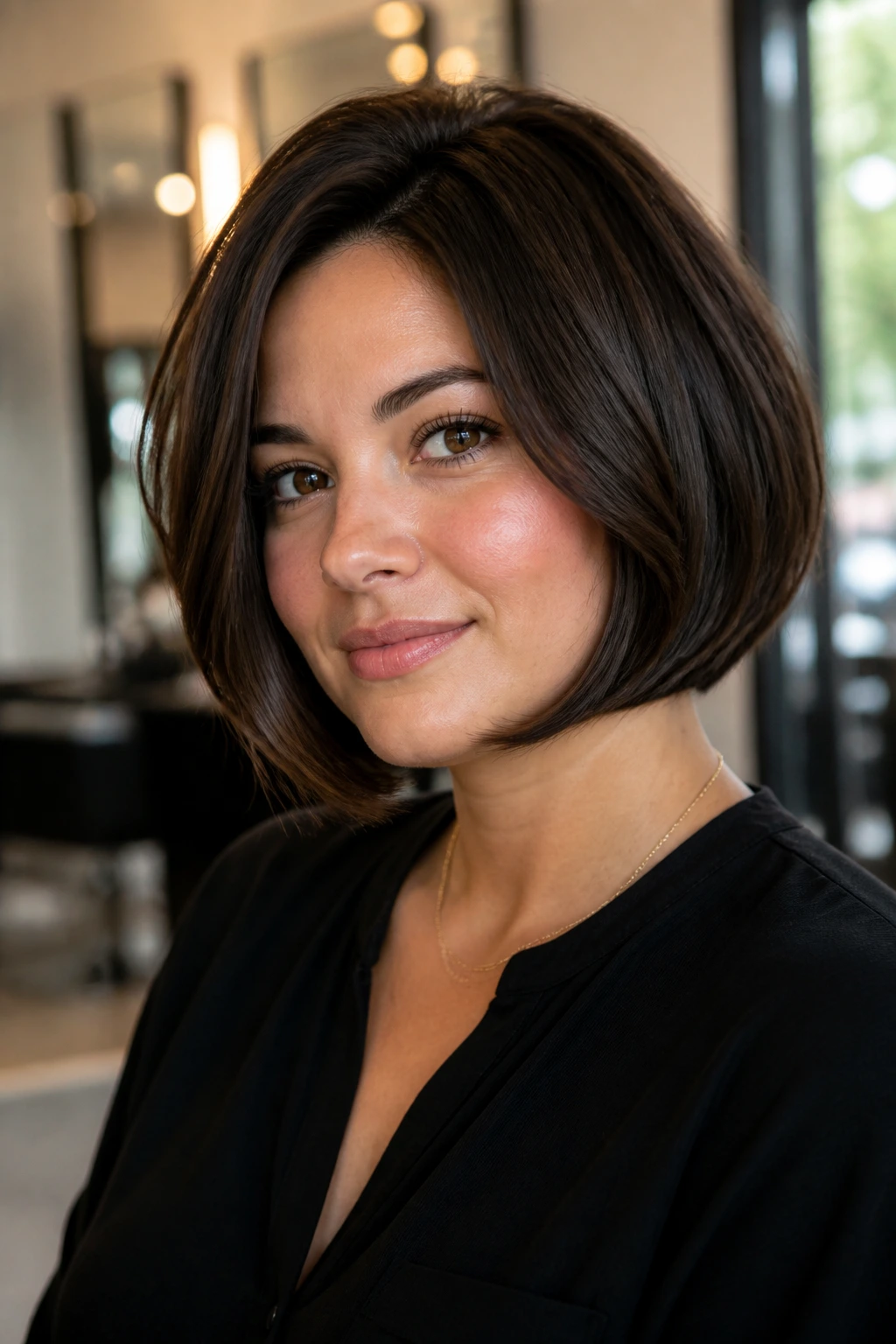 Close-up portrait of a real woman with rounded C-shape French bob framing cheeks in natural window light
