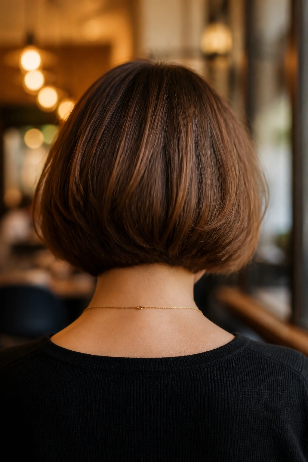 Back view of a real woman with a chin-length French bob featuring a rounded back.