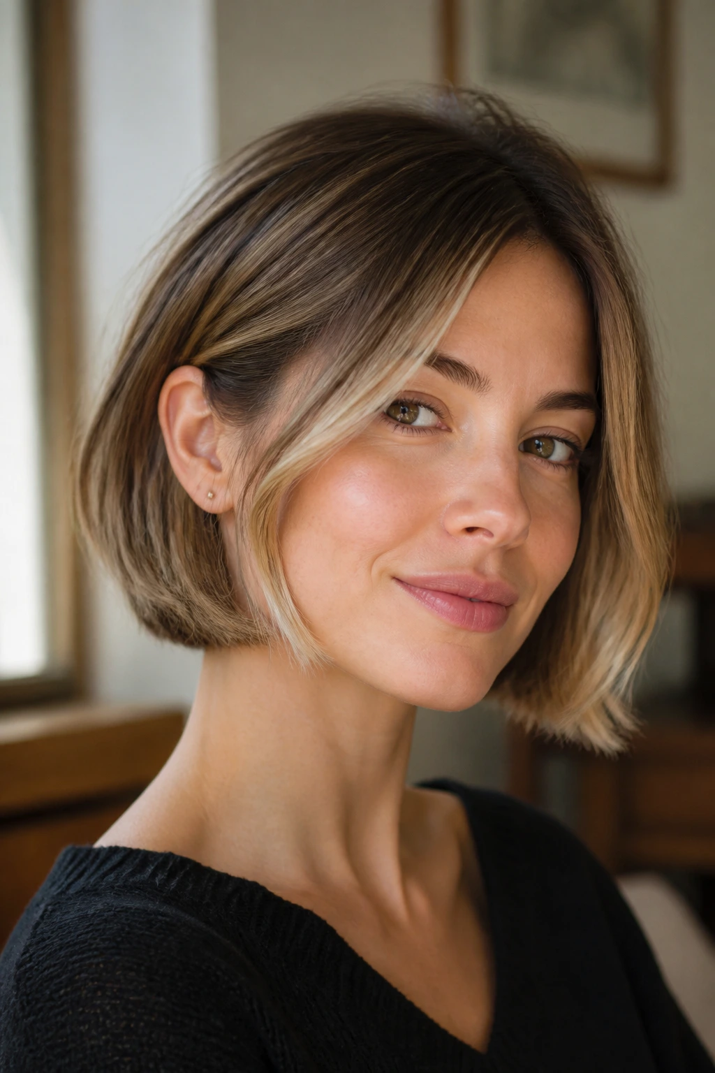 Close-up of a French bob with Sandy Blonde Bend on a real person