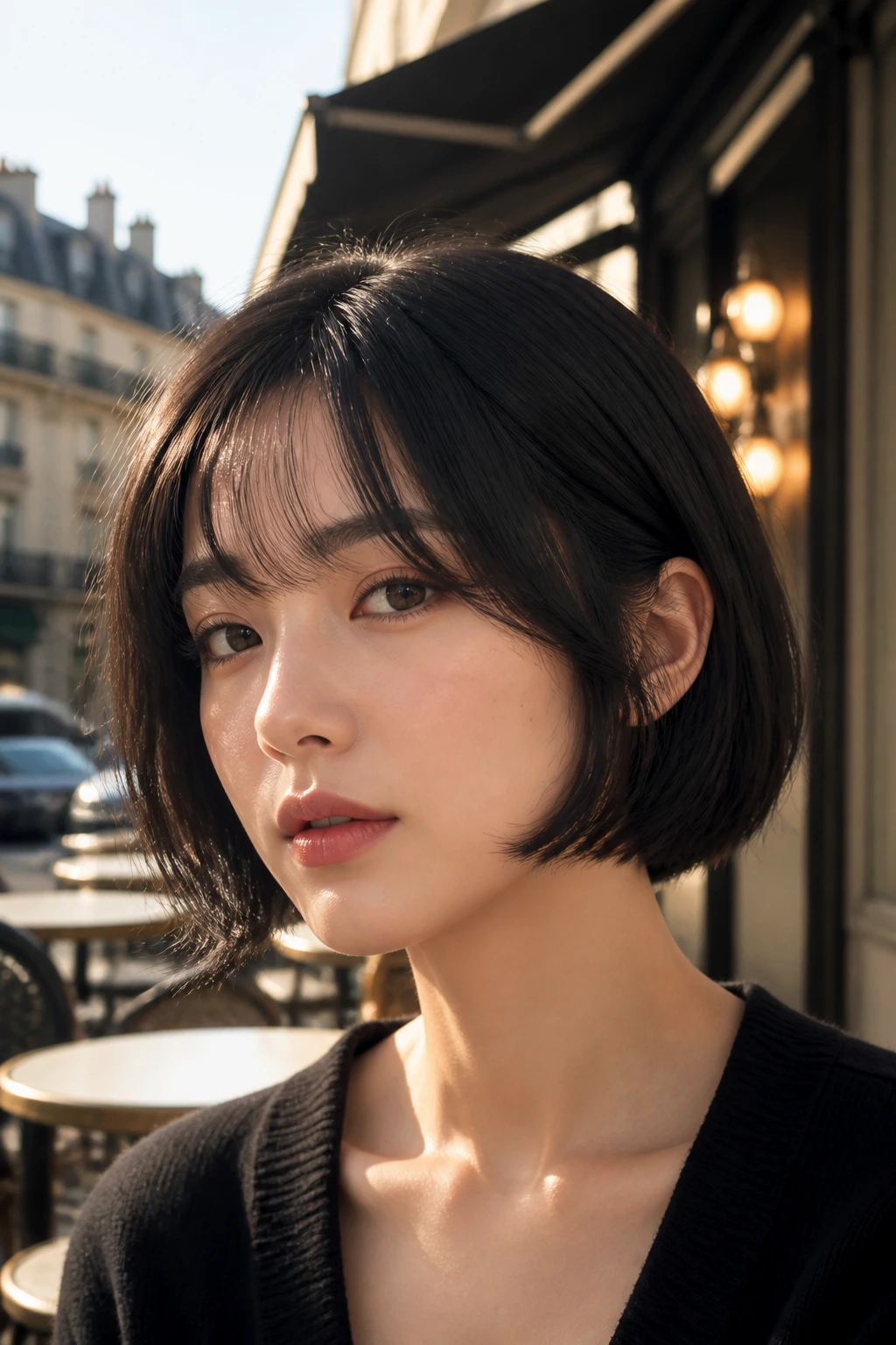 Close-up portrait of a real woman with a French Bob with See-Through Fringe in a Parisian cafe setting