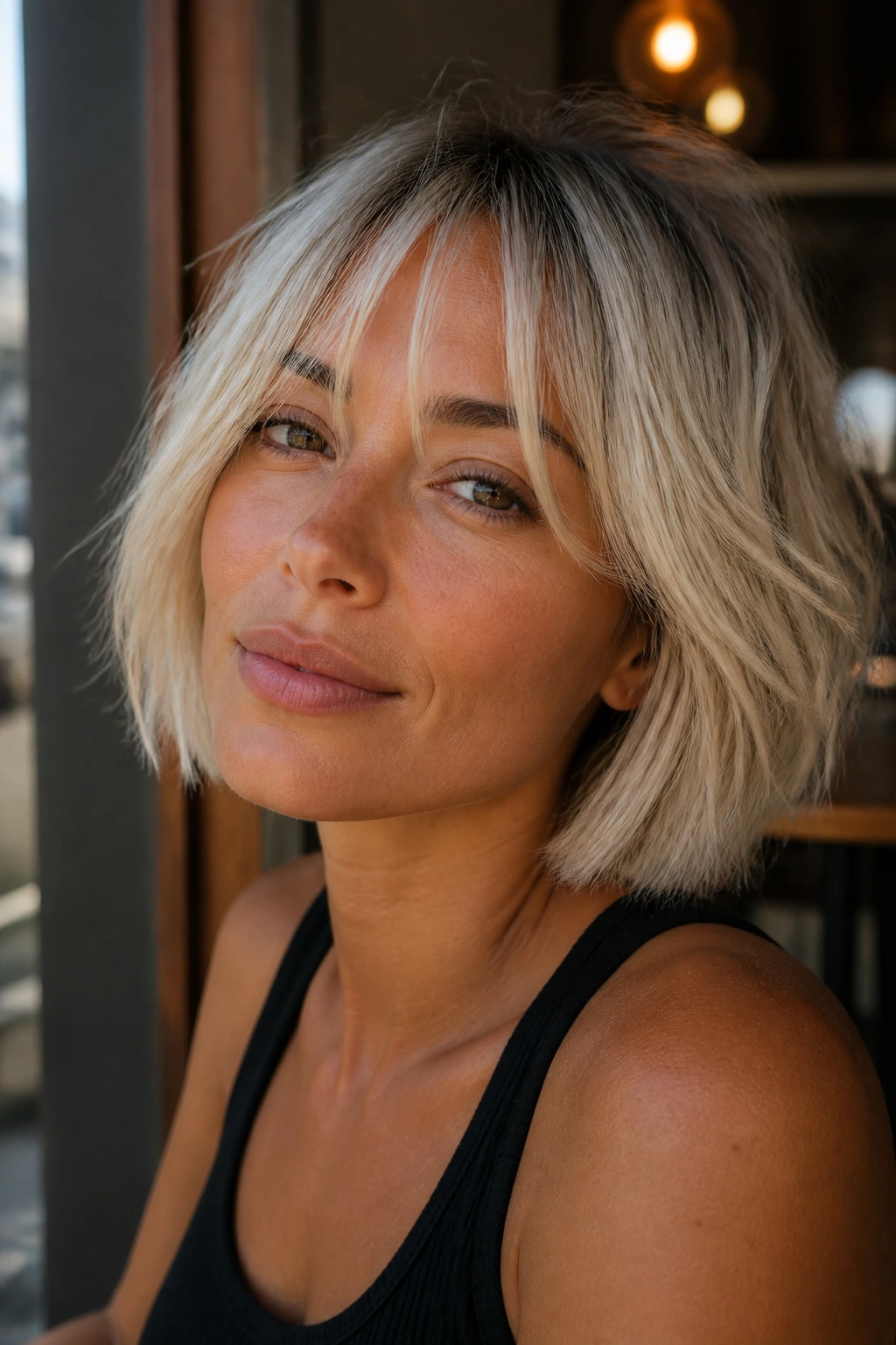 Real woman with a French bob and wispy fringe with a subtle shadow root on tan skin.