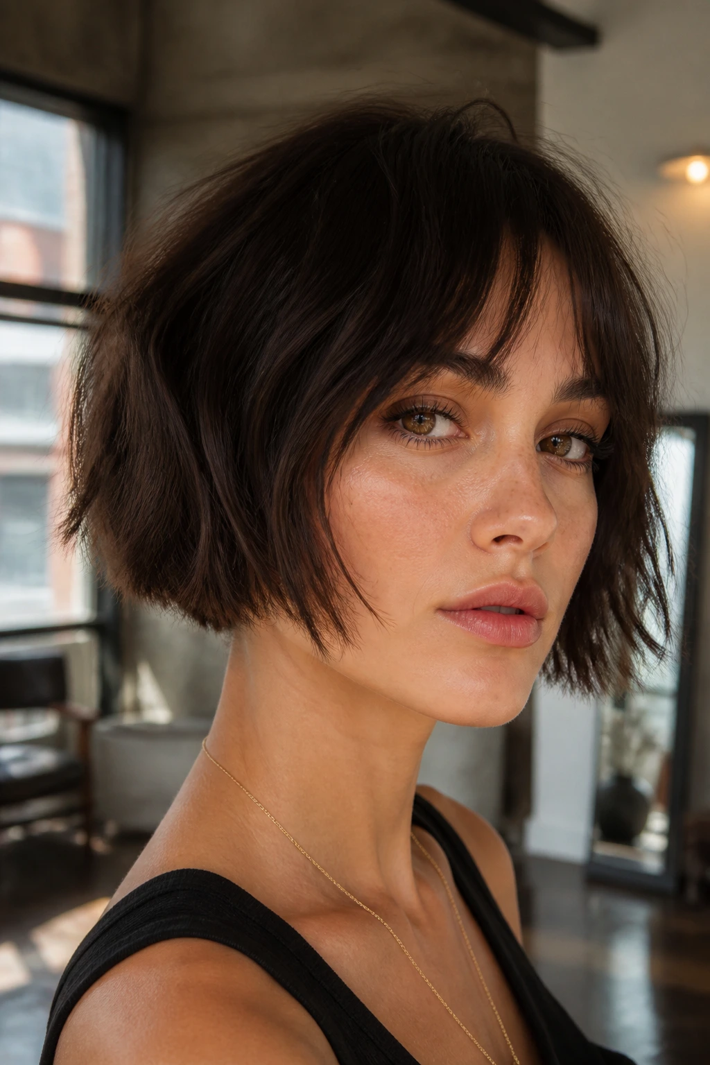 Portrait of a real woman with French bob and shattered ends