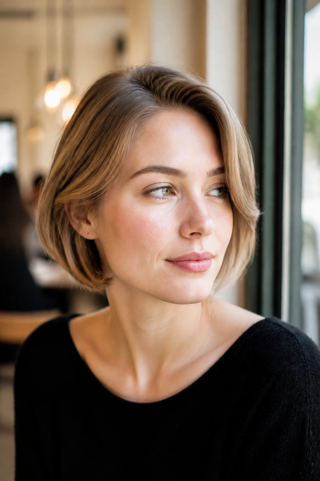 Portrait of a woman with a soft-side-part French bob in beige-ash blonde.