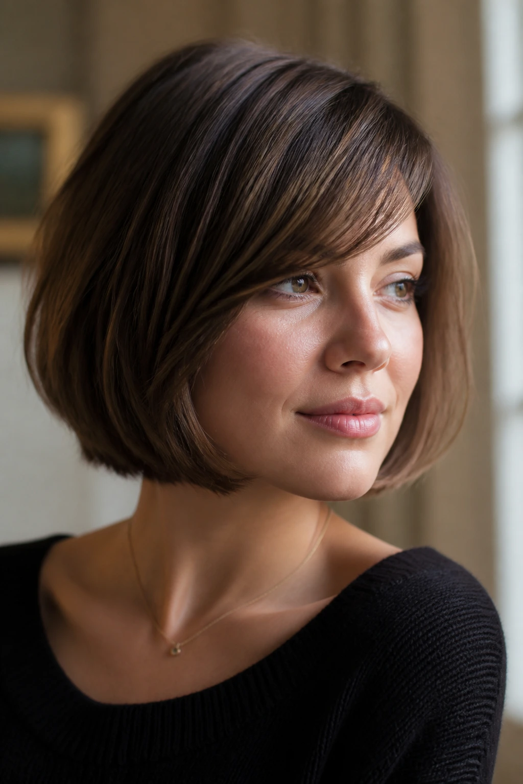 Portrait of a woman with a chin-length French bob and side-swept fringe.
