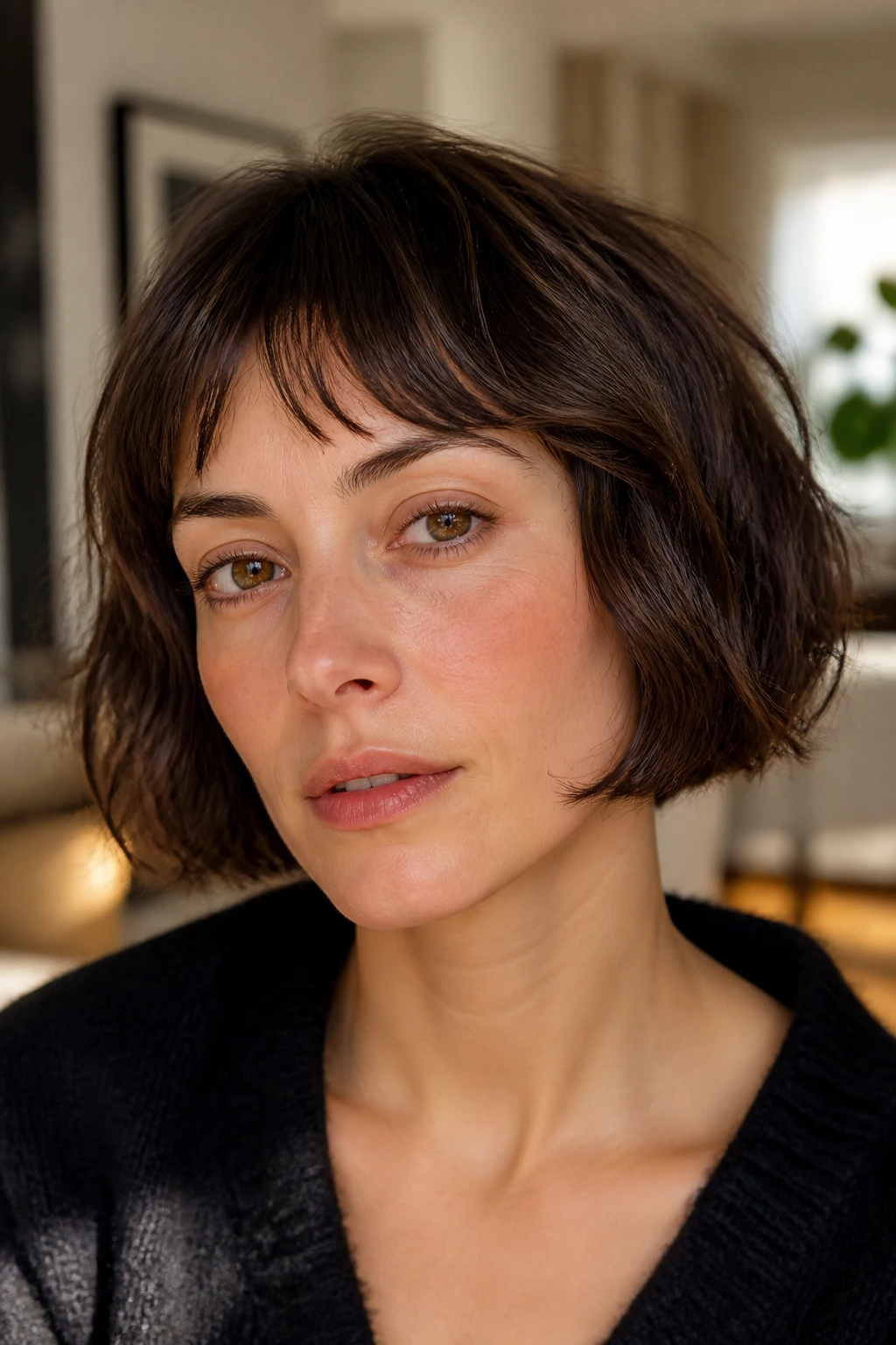 Portrait of a real person with a French bob and small fringe