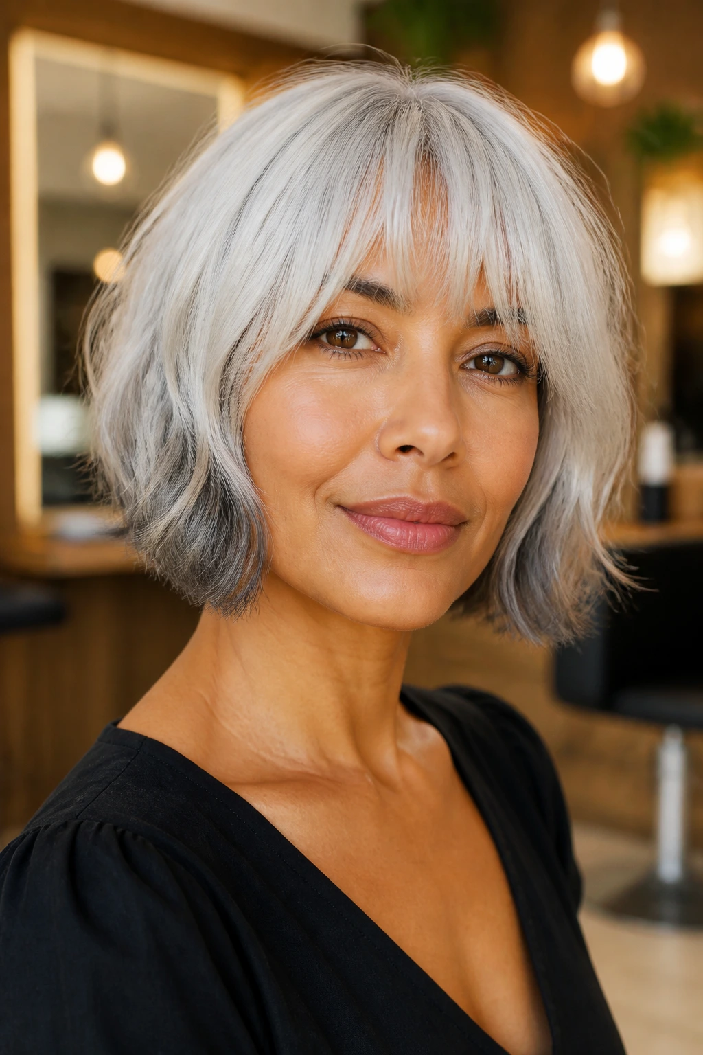 Close-up portrait of a woman with a French bob in white-silver with smoky ends