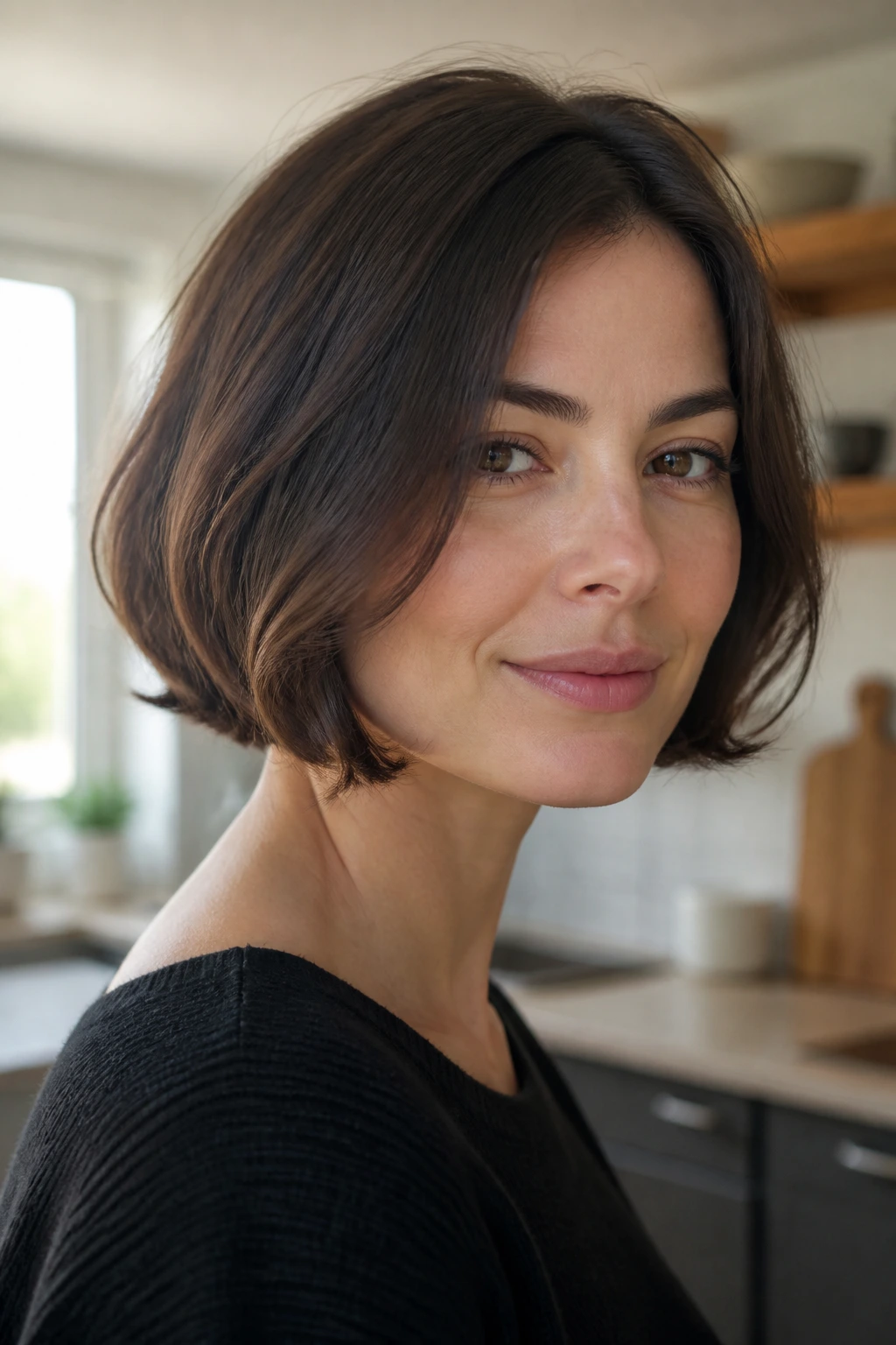 Close-up of a real woman with a French bob and soft bend at the ends.
