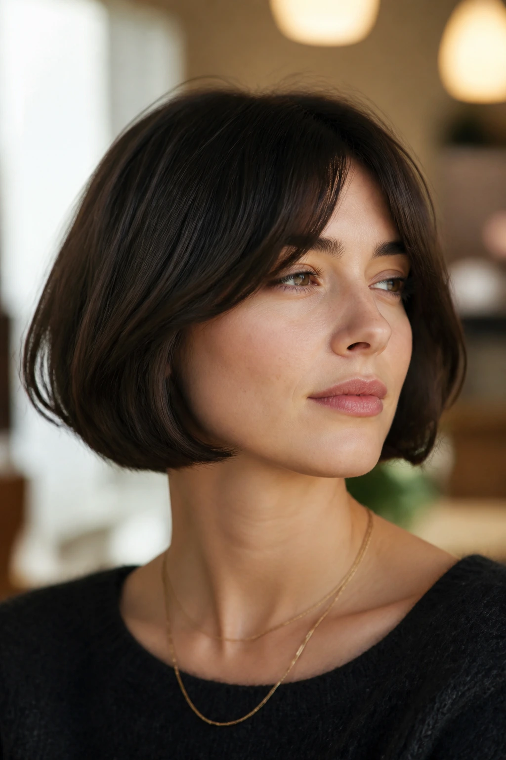 Portrait of a person with a chin-length French bob with soft bend