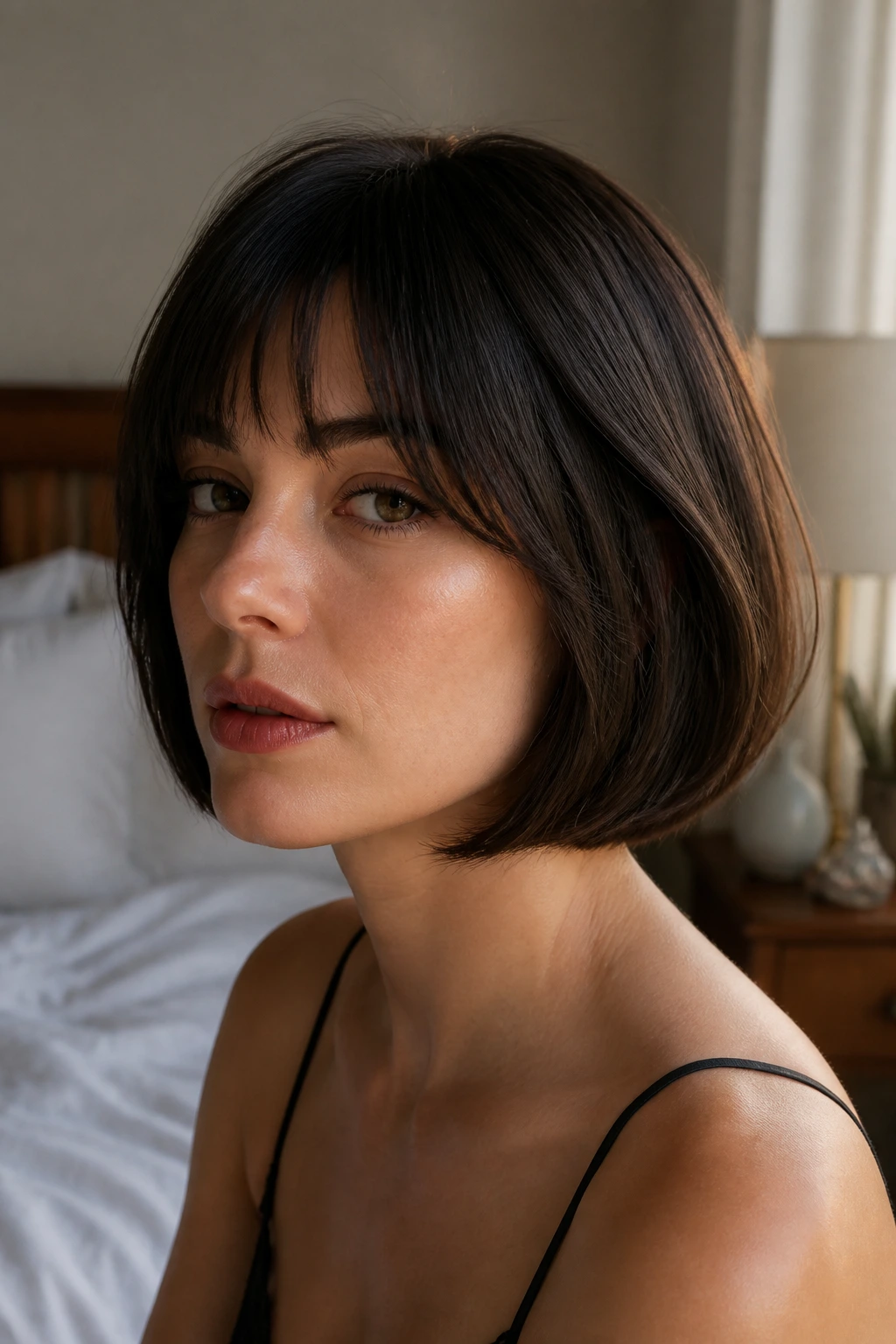 Close-up portrait of a woman with a chin-length French bob and soft bevel