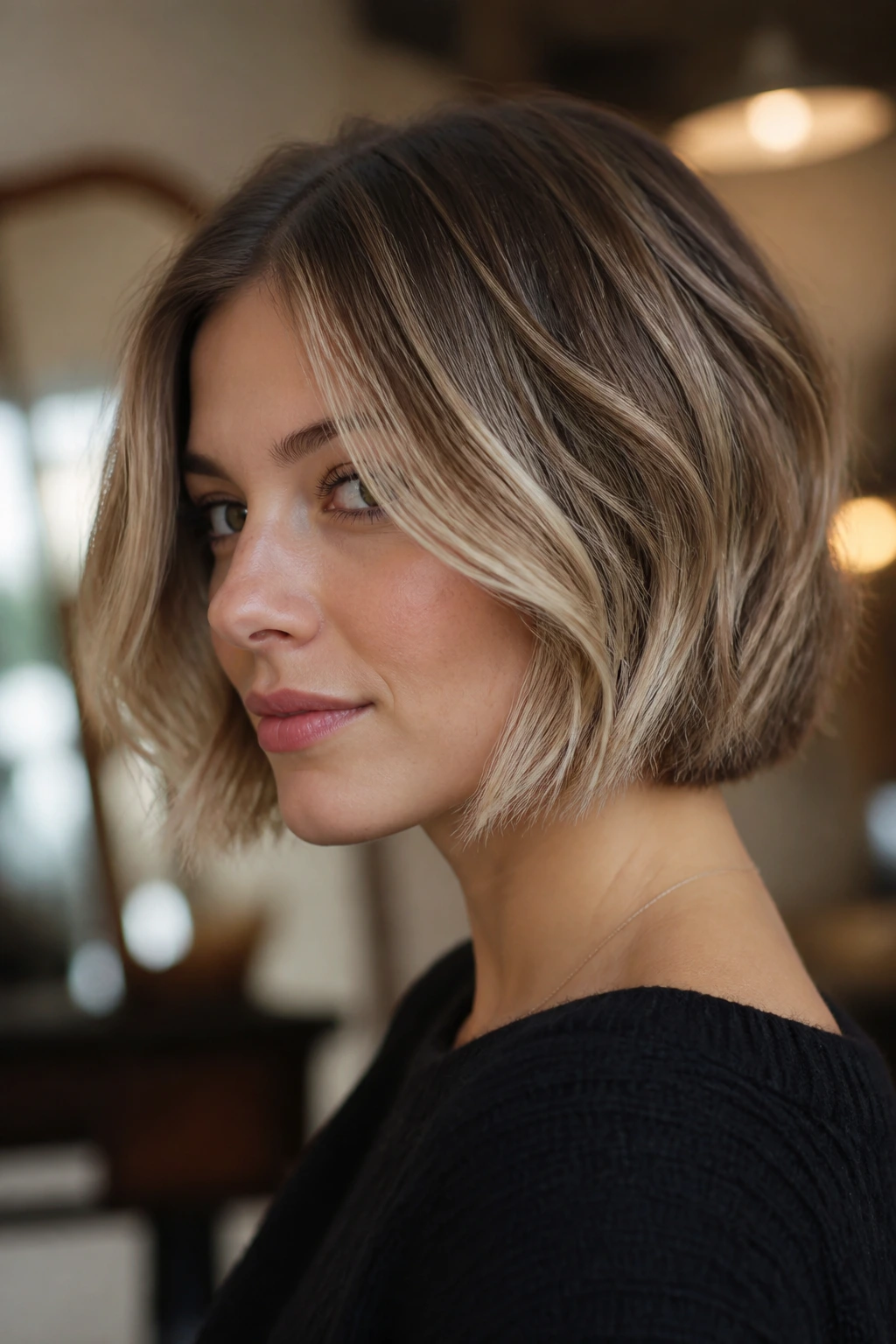 Close-up of real woman in a French bob with soft blonde pieces and muted lowlights