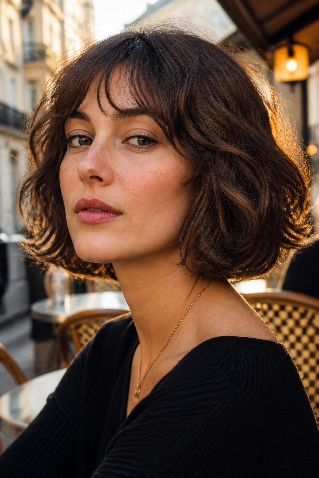 Real woman with French bob showcasing soft chin framing in golden hour light