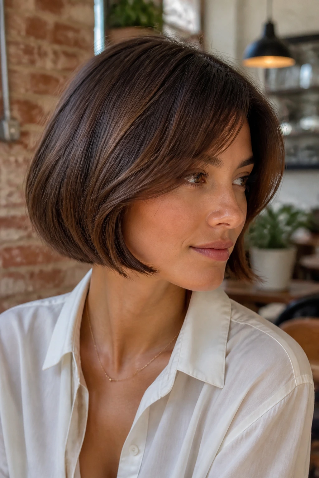 Portrait of a real woman with a French bob and soft ends