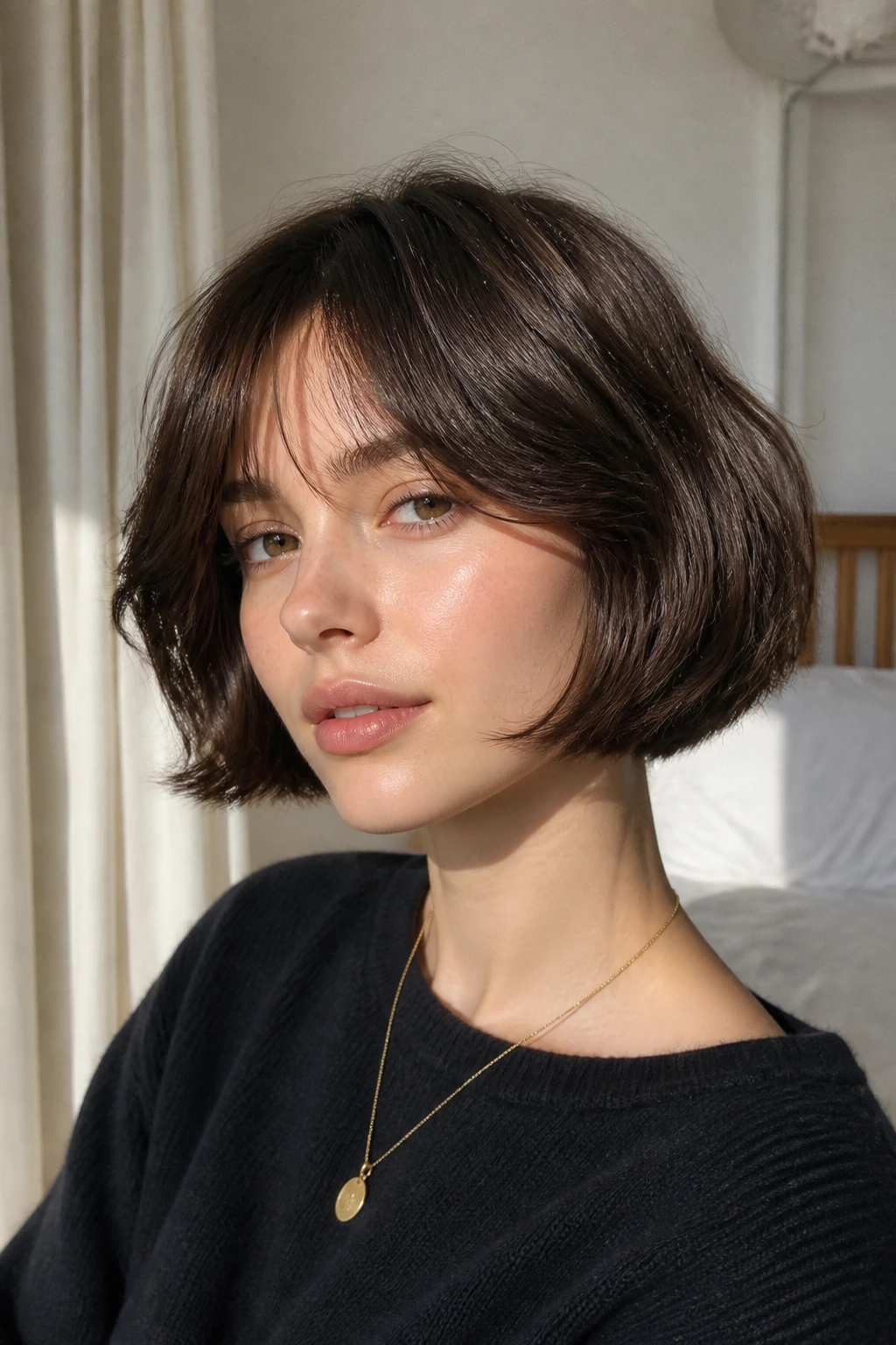 Close-up portrait of a real person with a French bob and soft ends in natural light