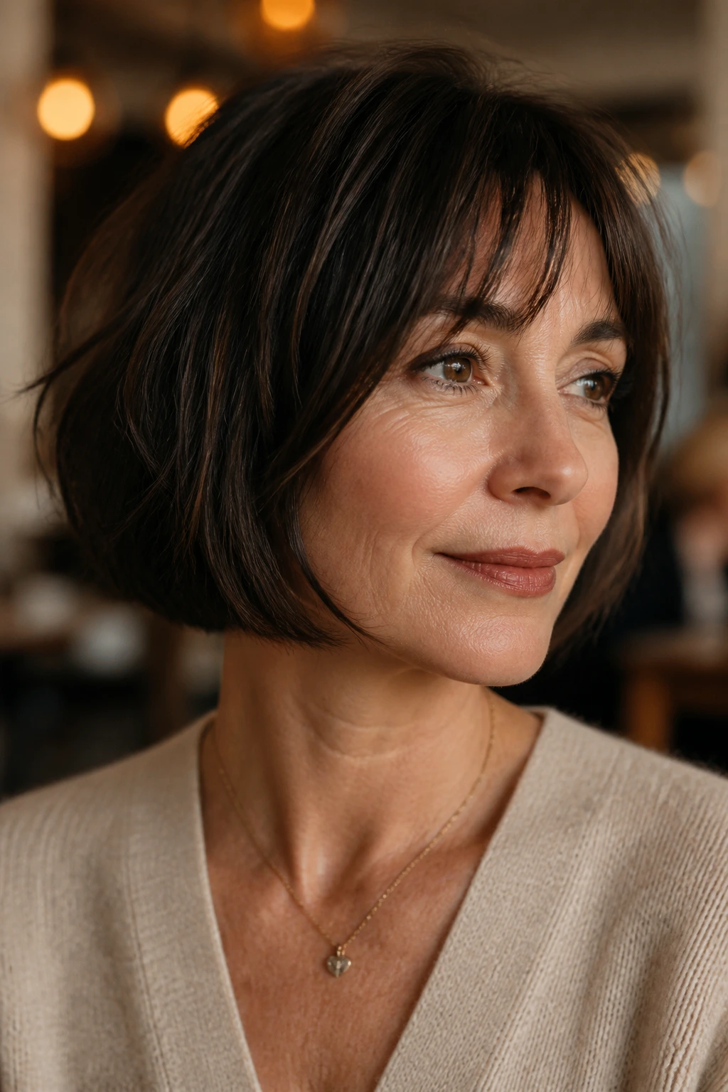 Close-up of a real woman with a French bob and soft fringe