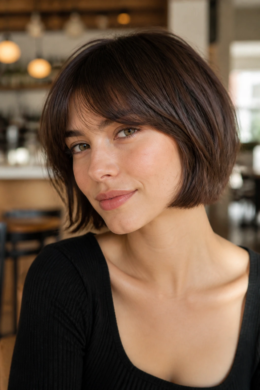 Close-up portrait of a real person with a French bob and soft side fringe