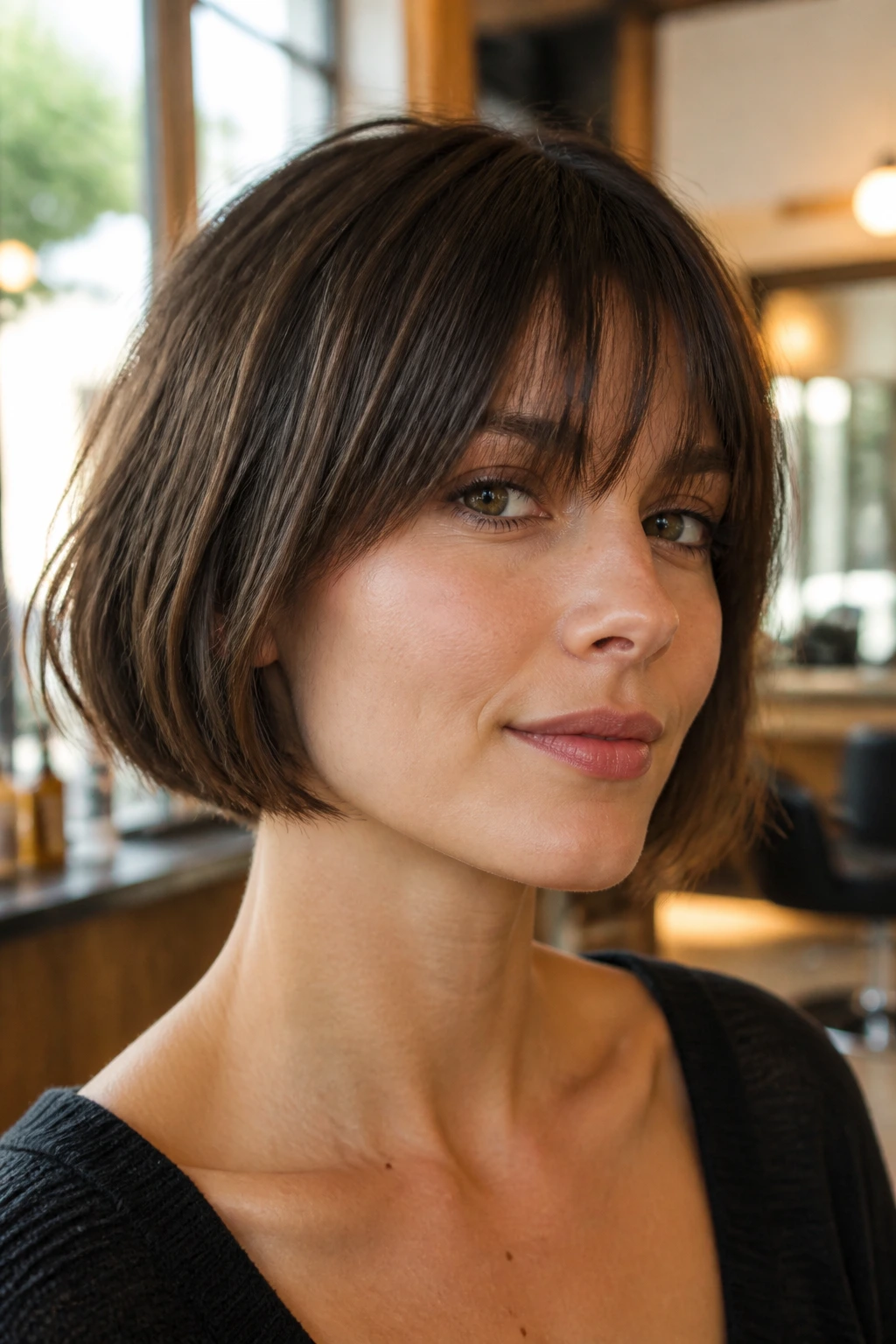 Close-up of a real woman with a French Bob and airy soft fringe on an oval face