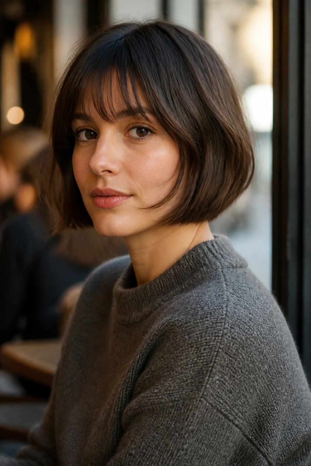 Close-up of a real woman with a French bob and soft fringe in warm cafe light