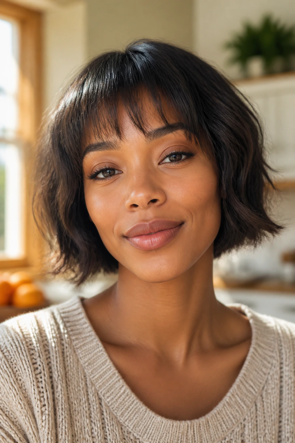 Close-up of a real woman with a French bob and soft fringe.