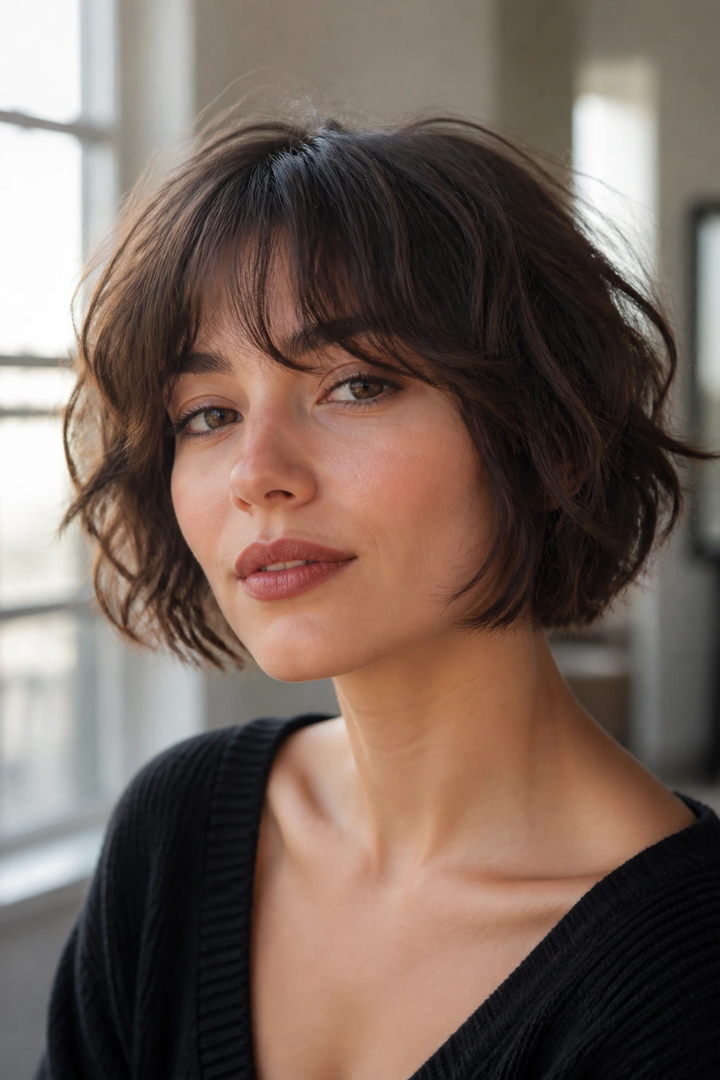 Close-up of a real woman with a French bob and soft fringe