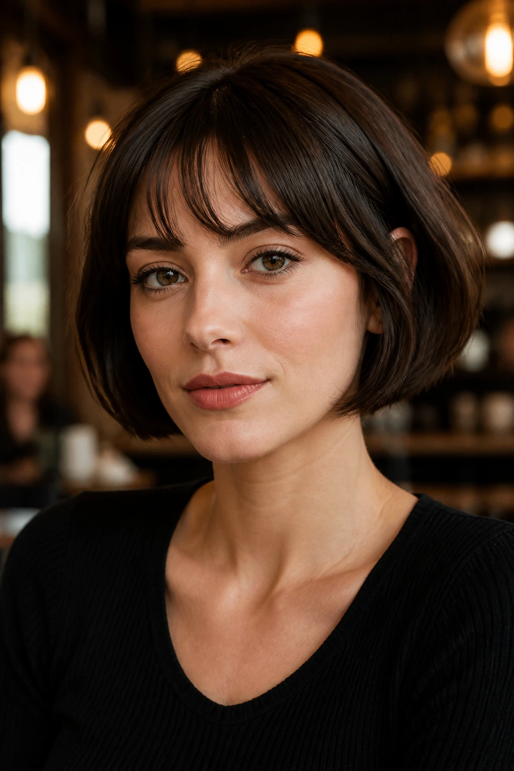 Close-up portrait of a real woman in a chin-length French bob with a soft fringe