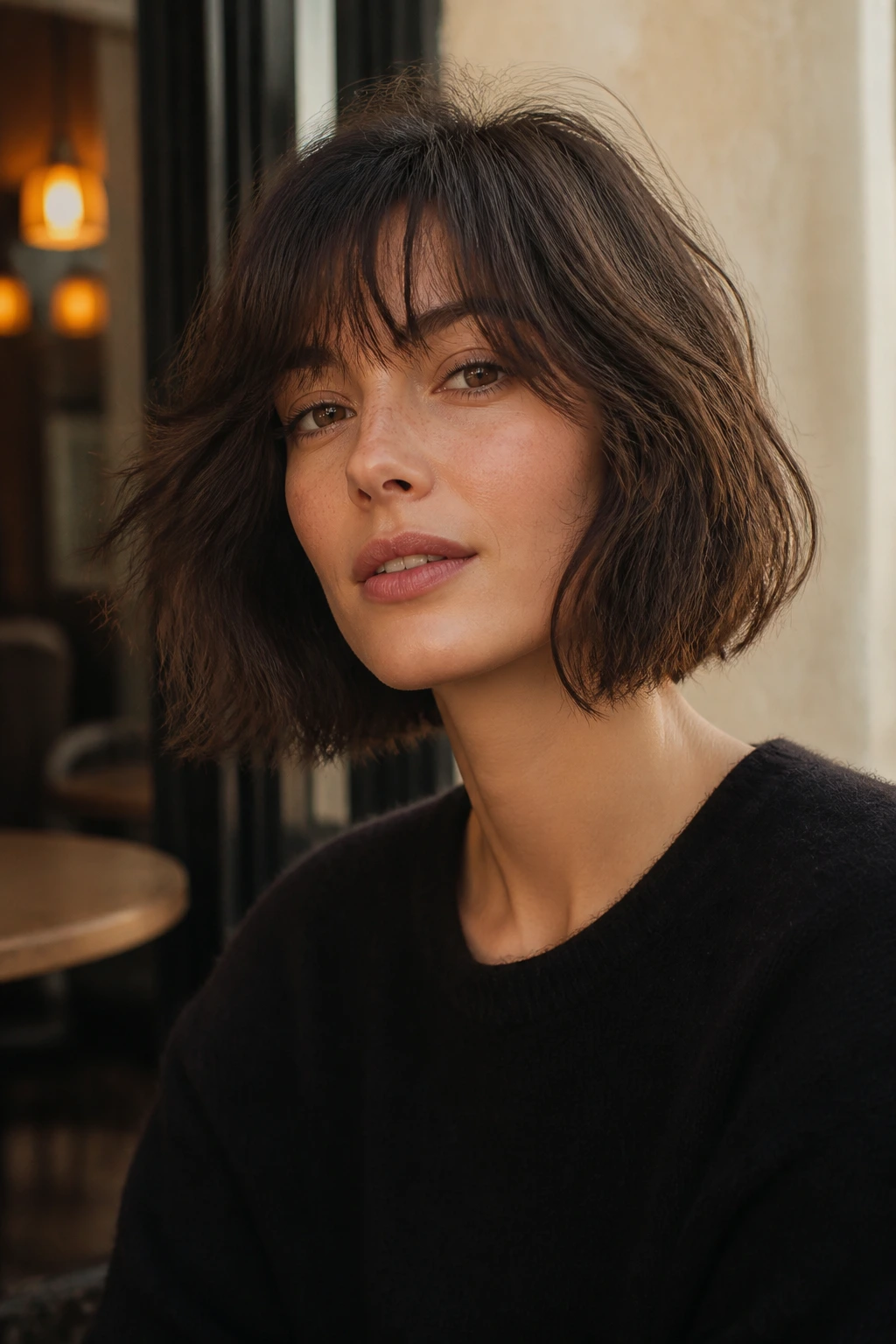Real woman with soft textured French bob in Parisian cafe
