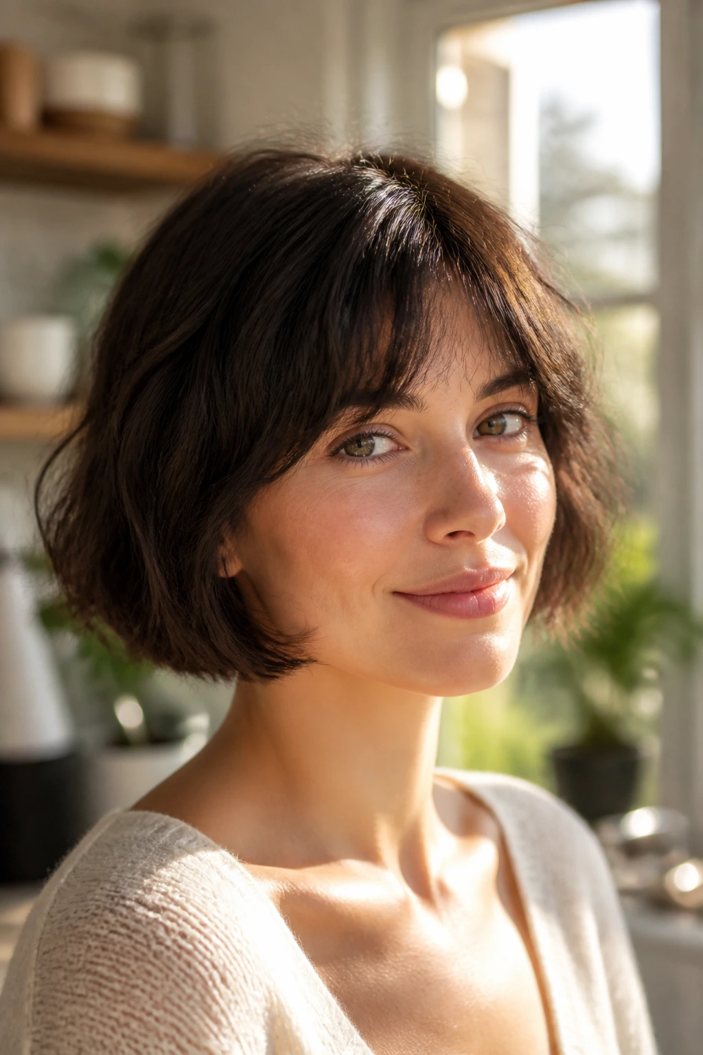 Close-up of a woman with a French bob and soft texture in sunlit kitchen