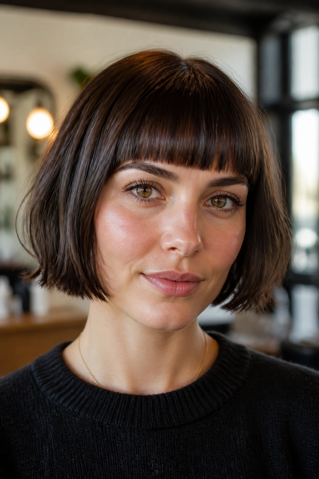 Close-up of a real woman with jaw-length French bob and blunt fringe in warm window light