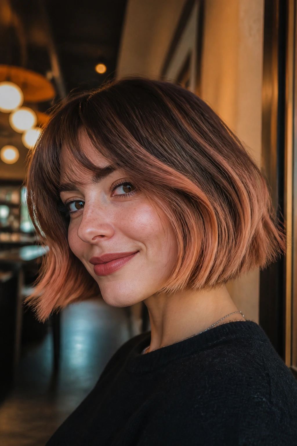 Close-up of a real woman with a peachy strawberry tinted French bob.
