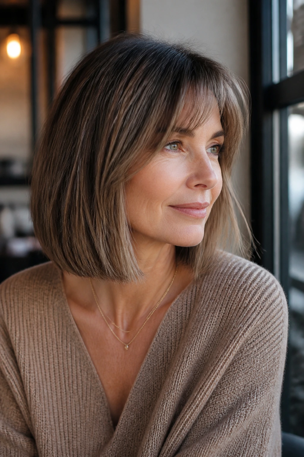 Close-up portrait of a woman with French bob-inspired shoulder cut and taupe babylights