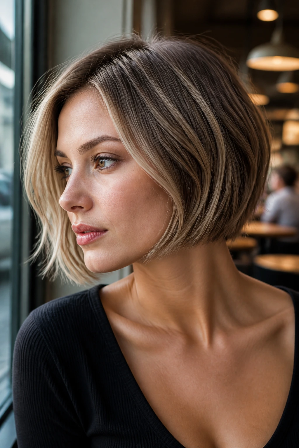 Portrait of a woman with French bob and taupe lowlights