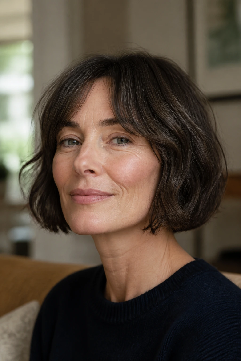 Close-up of a real woman with French Bob with Grown-In Texture in natural window light