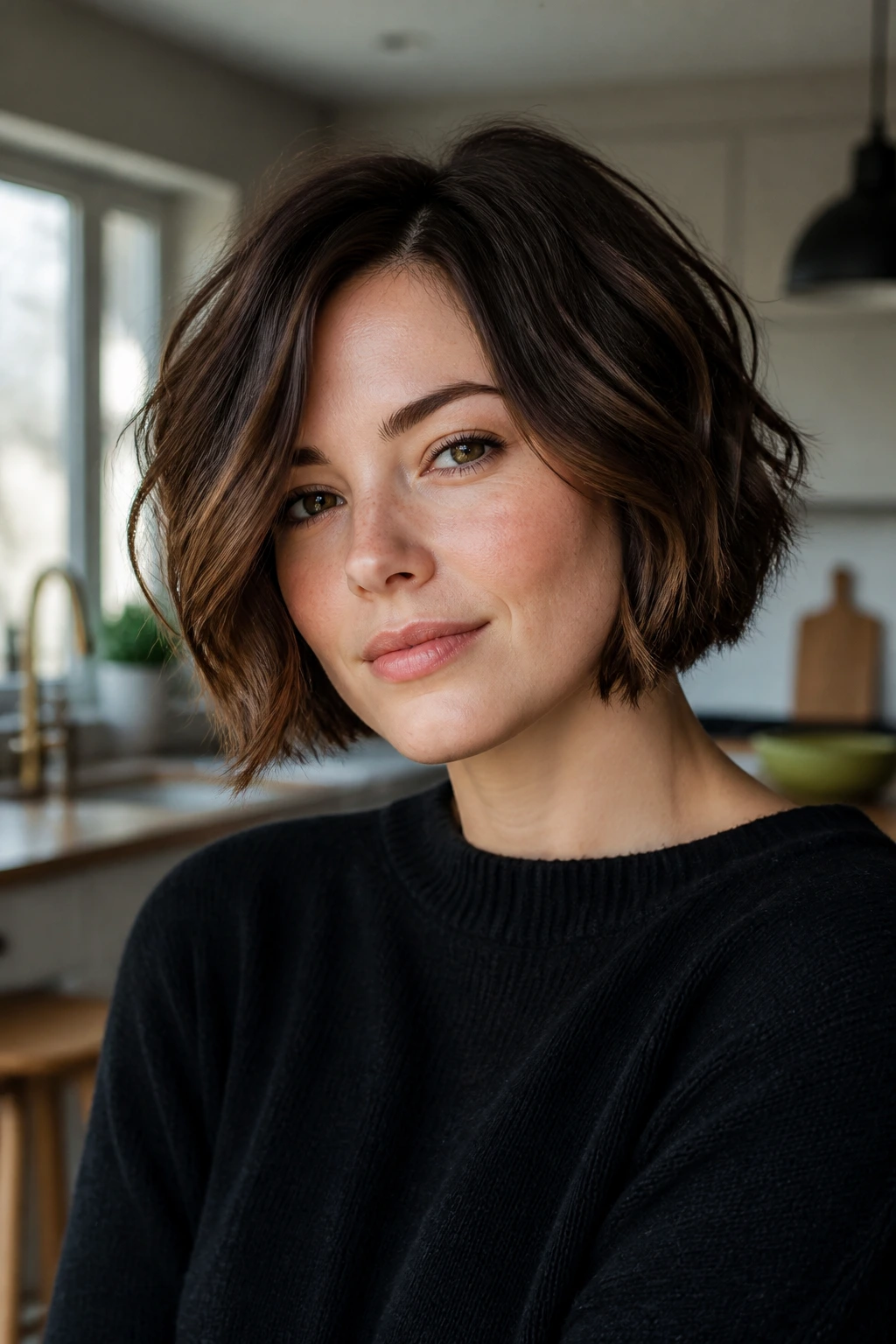 Close-up of a real woman with a textured chin-length French bob in a sunlit kitchen setting.