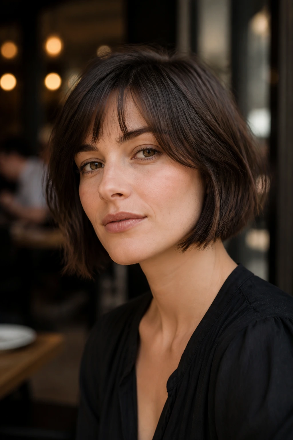 Close-up of a woman with a French bob featuring textured ends
