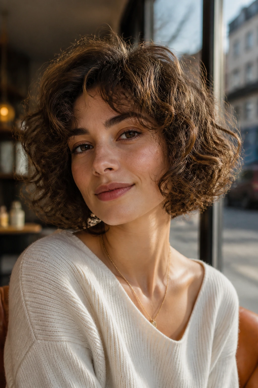 Close-up of a real woman with jaw-length French bob for thick loose curls
