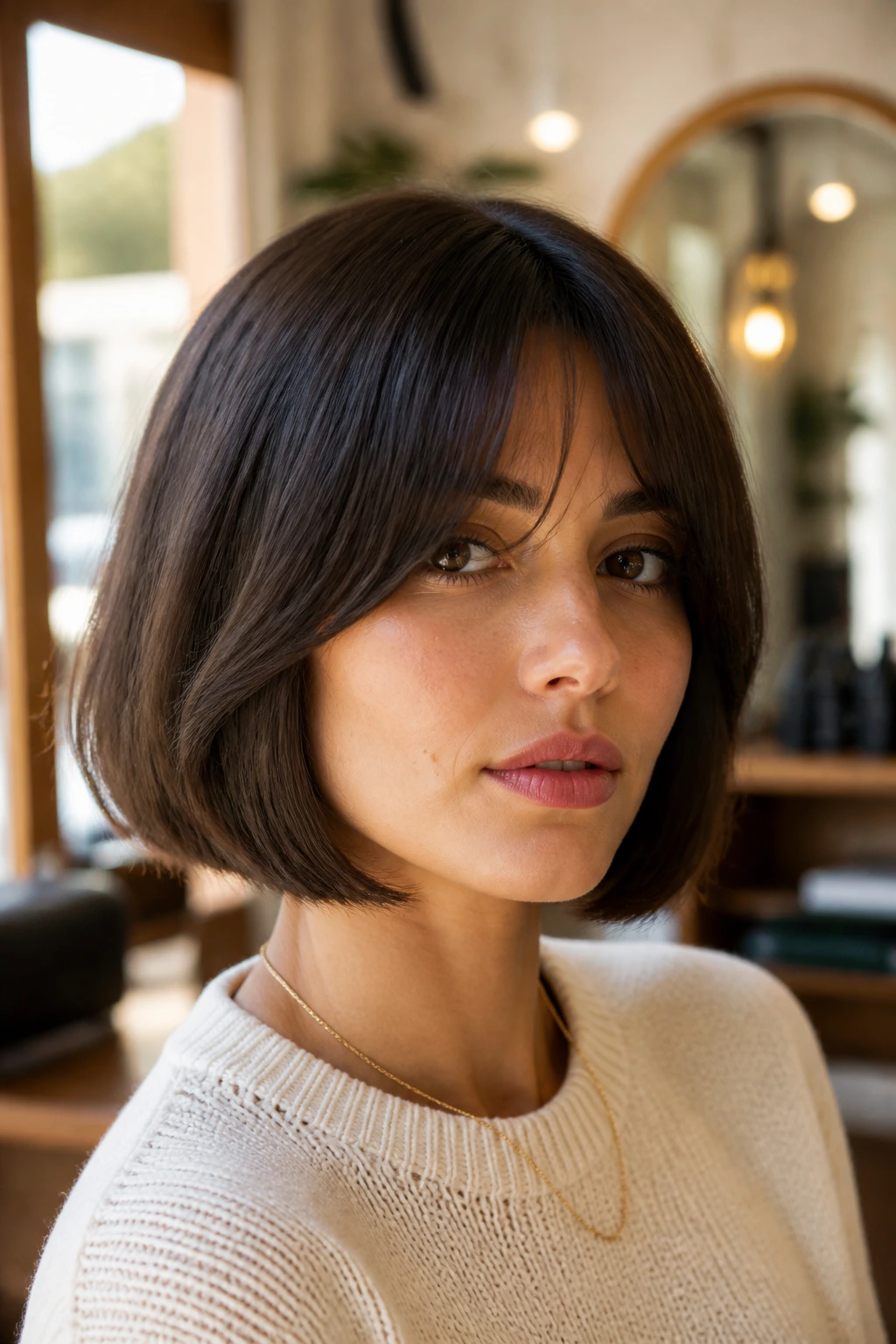 Close-up portrait of a real woman with a French bob for thick straight hair and floating curtain bangs.