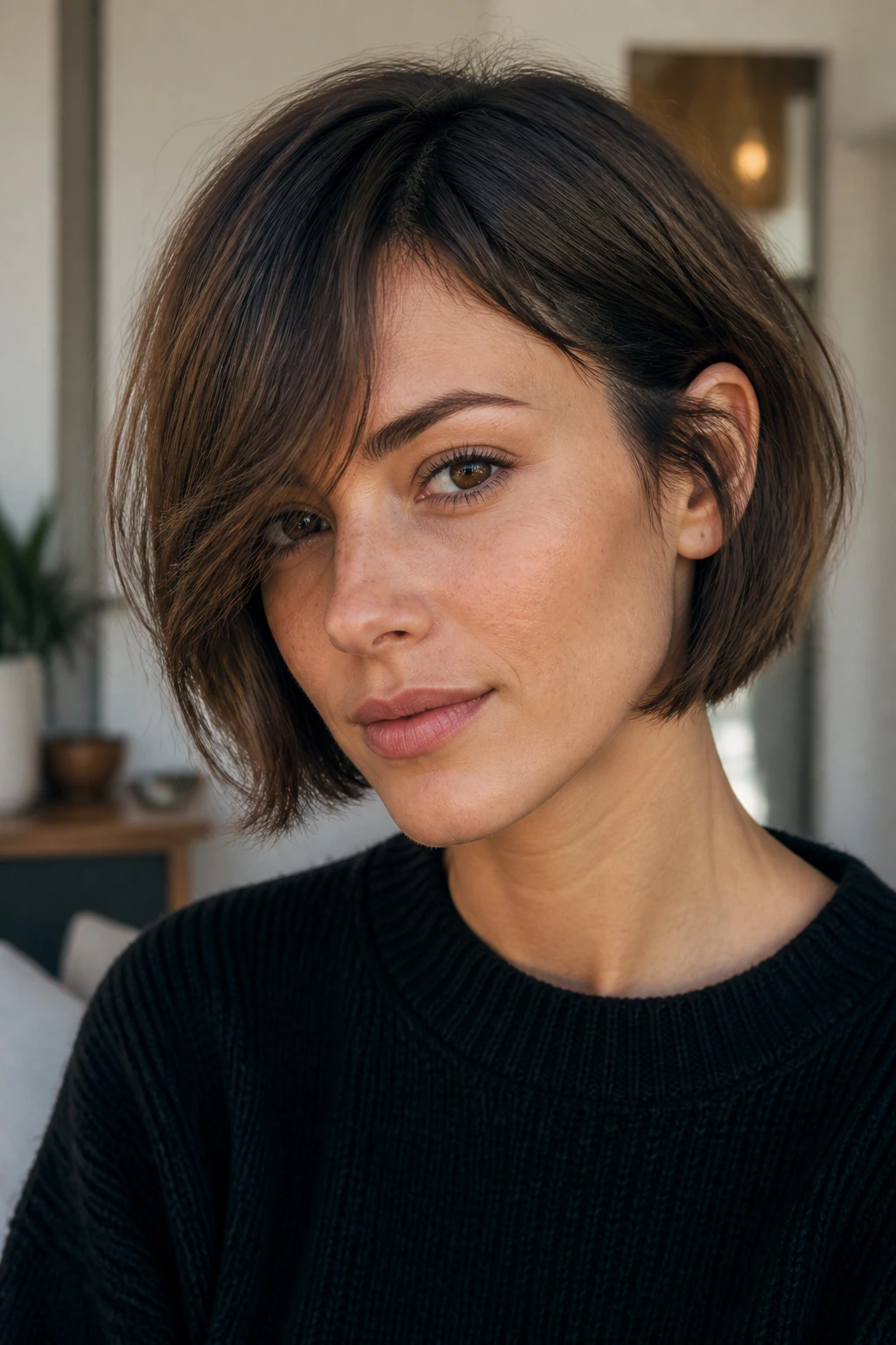Close-up of a real woman in a tucked-behind-ear French bob with long bangs
