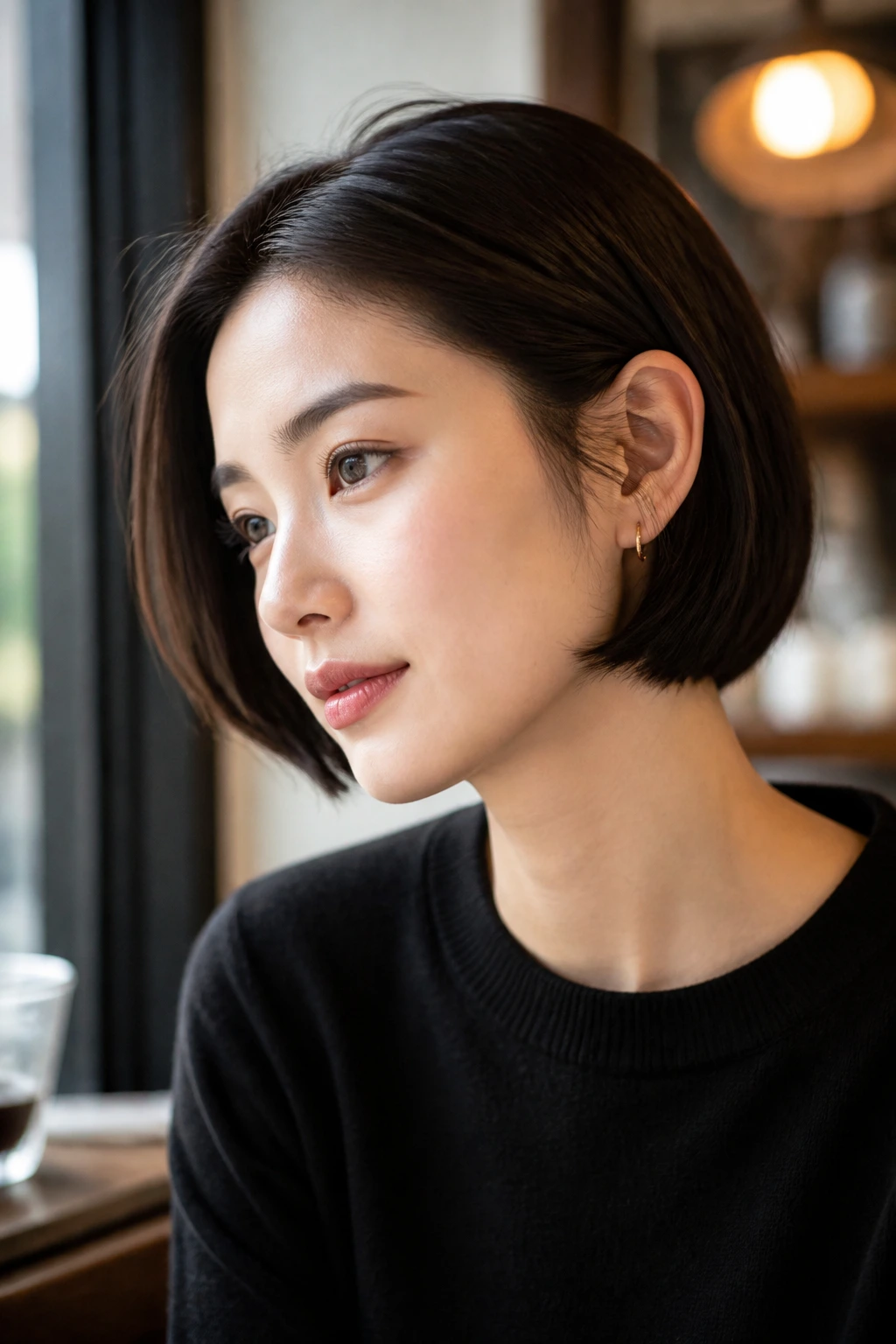 Portrait of person with French bob tucked behind ears
