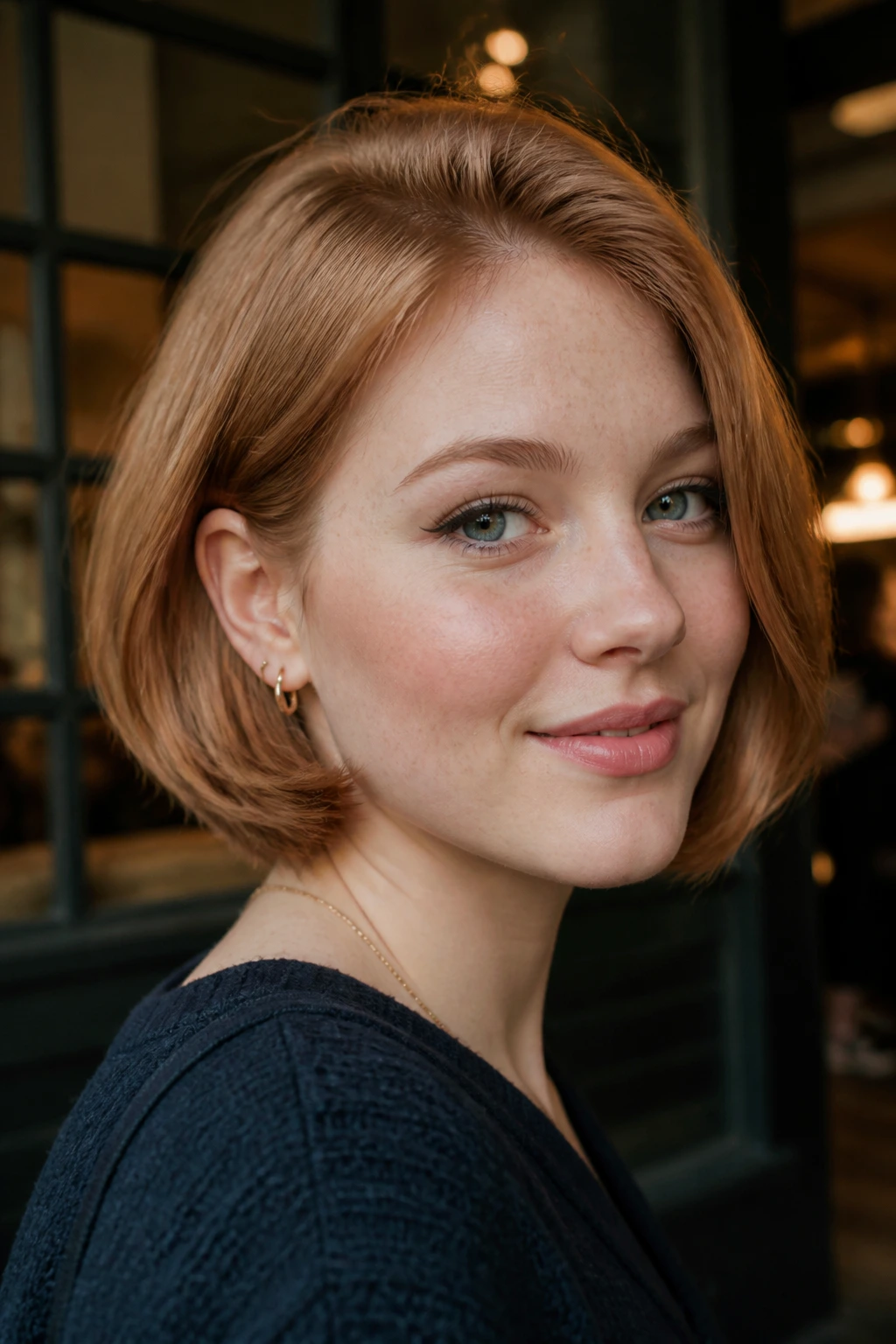 Real woman with French bob and tucked ends in warm cafe lighting.